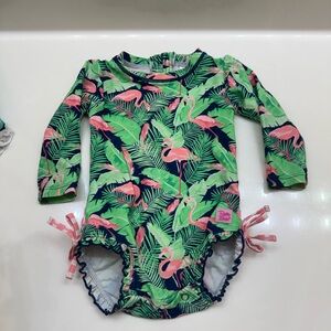 Ruffle Butts Green and Pink Flamingo One Piece